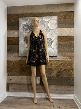 Free People Black Sheer Lace Sequin Dress | Nude Lined | Size L | Open Back